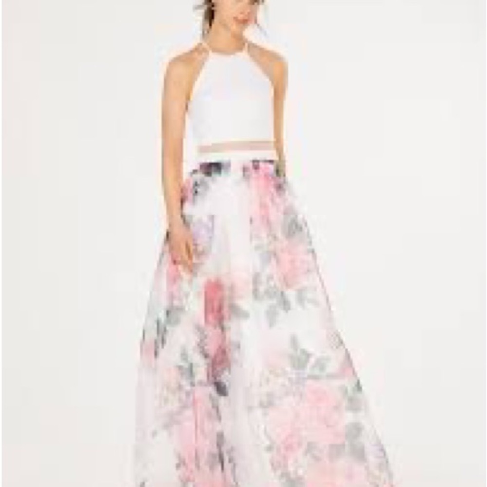 B Darlin Popover Printed Organza Gown size 5/6, Long Formal Prom Wedding Dress